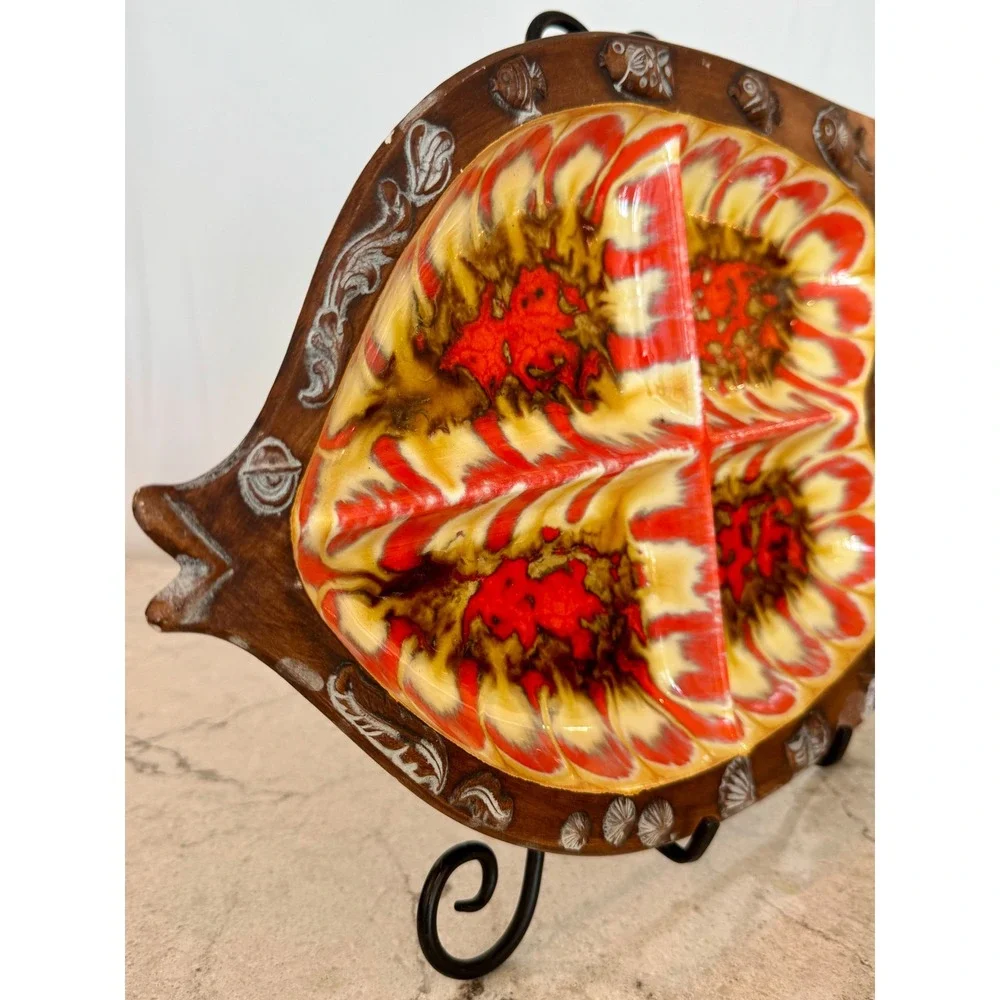 Vintage Treasure Craft Fish Serving Tray Lava Glaze Ceramic Divided Dish USA
